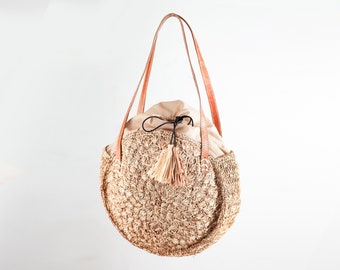 Raffia shoulder bag, crochet handbag, handmade round bag