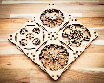 DIGITAL FILE - Set 4 Kinetic Coasters - Laser Cutter Files + Instructions included