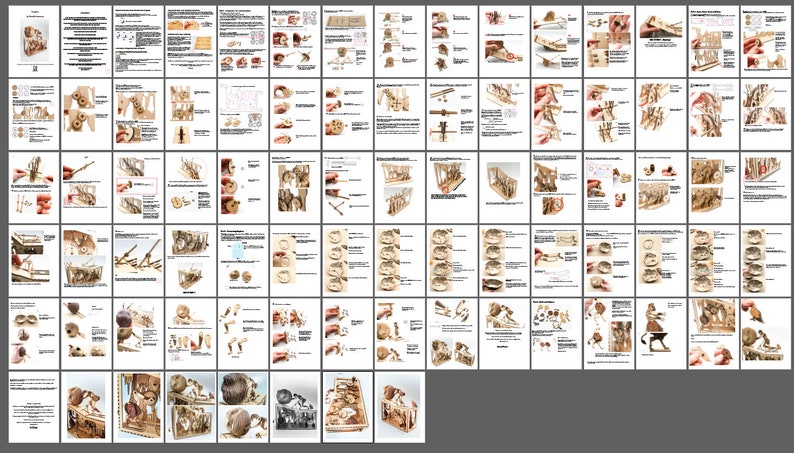 May include: A detailed, illustrated instruction manual for building a wooden model of a carousel. The manual includes step-by-step instructions and diagrams, showing how to assemble the carousel's various components, including the horses, the platform, and the central pole.
