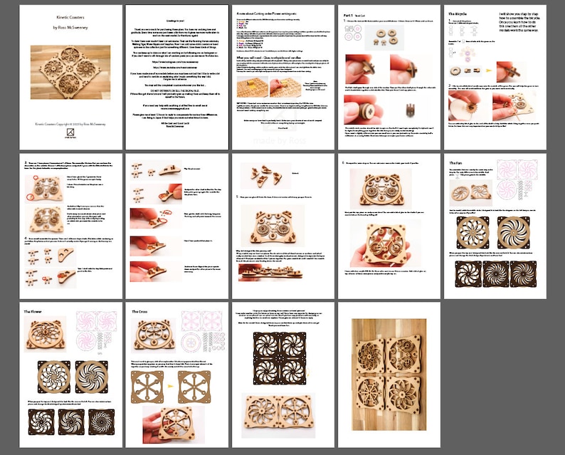 May include: Instructions for building a kinetic sculpture with a wooden base and intricate gears. The instructions include diagrams and photos of the assembly process. The finished sculpture is a rotating, kinetic art piece.