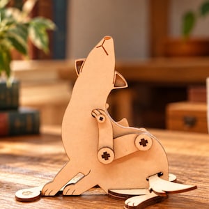 May include: A light brown wooden laser-cut figure of a wolf in a howling position. The figure features articulated joints connected by dark brown screws, allowing for movement. The wolf is depicted with its head tilted upward and ears pointed.