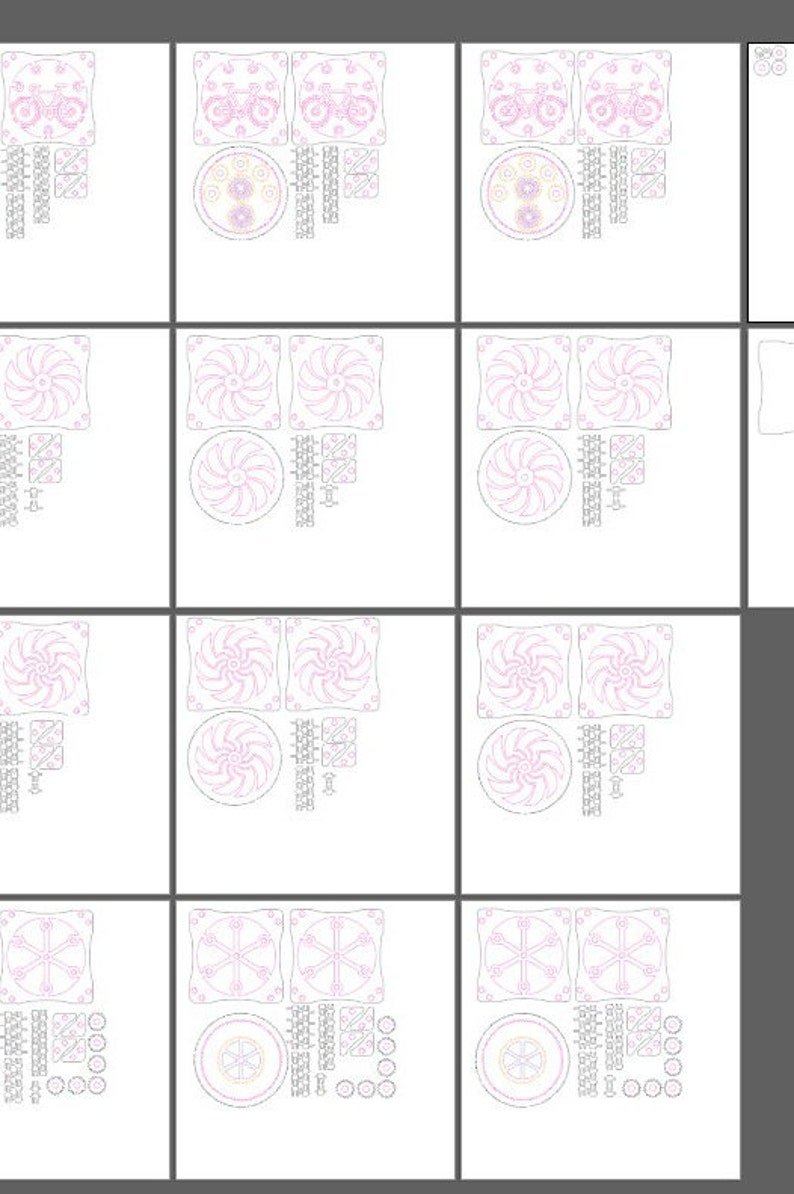 May include: A digital download of 10 laser cut designs for creating decorative wall art. The designs include a bicycle, a fan, and a gear. The designs are in black and white.