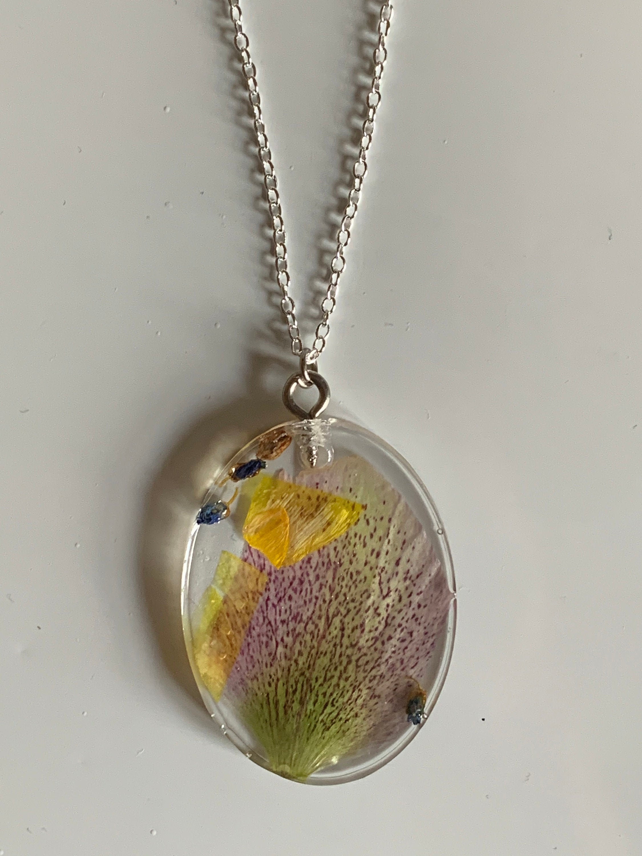 Resin floral necklace handmade using real flowers silver Etsy