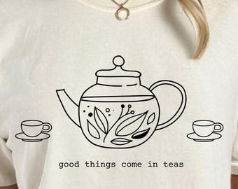 お茶には良いことが詰まっているTシャツ｜コテージコア風ティーラバーTシャツ、居心地の良いグラフィックTシャツ