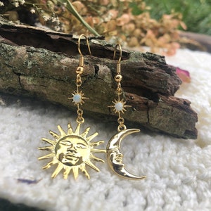 Celestial Opal Sun & Moon Drop Earrings