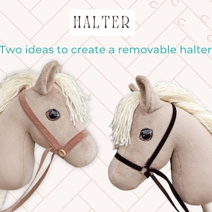 Puede incluir: Dos ideas para crear una cabezada desmontable para un caballo de peluche. Una cabezada es de cuero marr&oacute;n y la otra de tela marr&oacute;n claro. Ambas cabezadas est&aacute;n unidas a una cuerda de plomo marr&oacute;n.