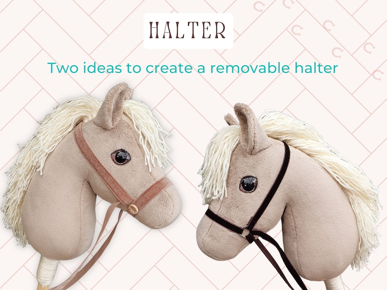 Puede incluir: Dos ideas para crear una cabezada desmontable para un caballo de peluche. Una cabezada es de cuero marr&oacute;n y la otra de tela marr&oacute;n claro. Ambas cabezadas est&aacute;n unidas a una cuerda de plomo marr&oacute;n.