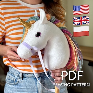 Unicorn Hobby Horse Sewing Pattern, Soft animal toy foto tutorial, Cute DIY toy on a stick PDF, Kids summer activity