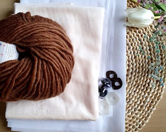 Craft a Stick Horse Set, Ecru Minky Fabric, Thick Brown Yarn, Shimmering Safety Eyes