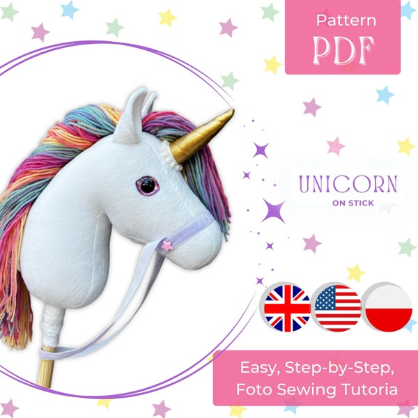 Unicorn Hobby Horse Sewing Pattern, Soft animal toy foto tutorial, Cute DIY toy on a stick PDF, Kids summer activity