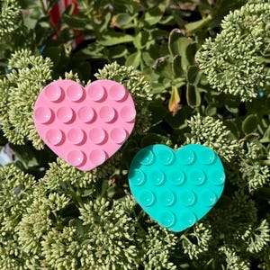 May include: Two heart-shaped silicone suction pads. One is light pink, the other is teal. Each has multiple small suction cups on the surface. The pads are set against a background of green foliage.