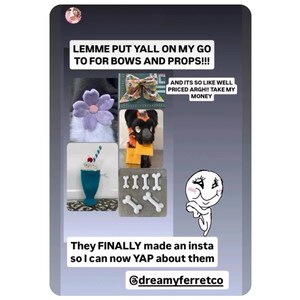 May include: A collage of handmade items, including a purple flower, a bow, a dog costume, a milkshake, and bone-shaped props. Text includes "LEMME PUT YALL ON MY GO TO FOR BOWS AND PROPS!!!" and "They FINALLY made an insta so I can now YAP about them."