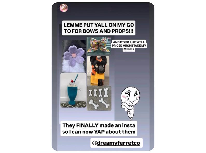 May include: A collage of handmade items, including a purple flower, a bow, a dog costume, a milkshake, and bone-shaped props. Text includes "LEMME PUT YALL ON MY GO TO FOR BOWS AND PROPS!!!" and "They FINALLY made an insta so I can now YAP about them."