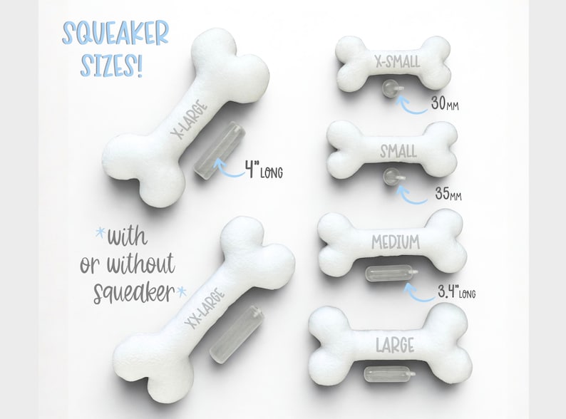 May include: White plush dog bone toys in various sizes, including X-Small (30mm), Small (35mm), Medium (3.4" long), Large, X-Large (4" long), and XX-Large. The image includes the text "Squeaker Sizes!" and "with or without Squeaker".