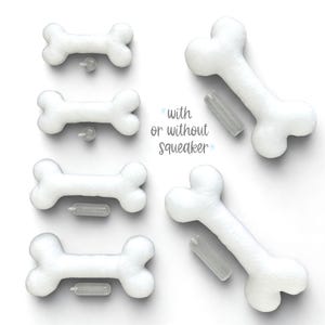 May include: White plush dog bone toys, some with squeakers, arranged on a white background. The text "with or without squeaker" is in the center. These toys are designed for pets.