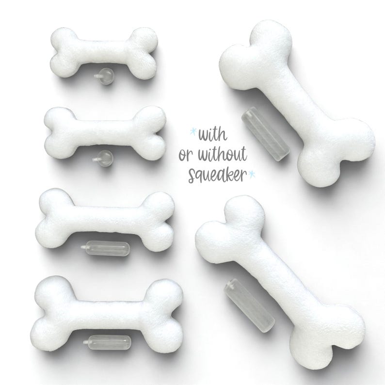 May include: White plush dog bone toys, some with squeakers, arranged on a white background. The text "with or without squeaker" is in the center. These toys are designed for pets.