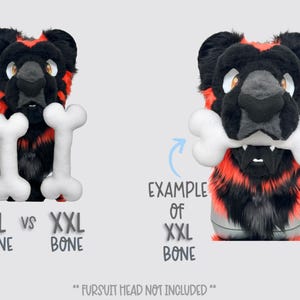 May include: A black and red furry creature head with a white bone in its mouth, and two white bones in front of it. The text "XL vs XXL BONE" is below the bones. The text "EXAMPLE of XXL BONE" is next to the creature.