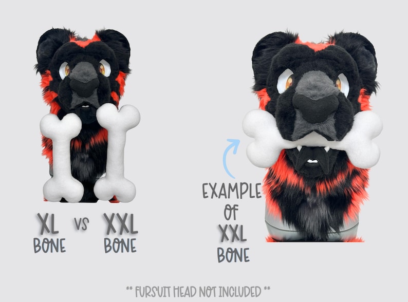 May include: A black and red furry creature head with a white bone in its mouth, and two white bones in front of it. The text "XL vs XXL BONE" is below the bones. The text "EXAMPLE of XXL BONE" is next to the creature.