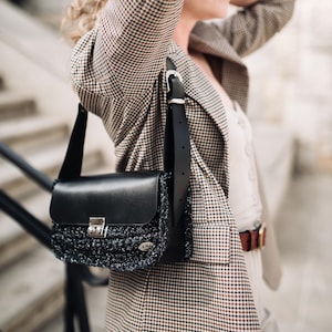 Black women&#39;s shoulder bag - Luxury baguette bag - Stylish black shoulder genuine leather purse - Сrochet and leather purse bag for women