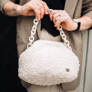 Stylish crochet dumpling bag aesthetic, Design evening fluffy shoulder bag for women, Handmade faux fur handbag, Luxury plush cloud bag