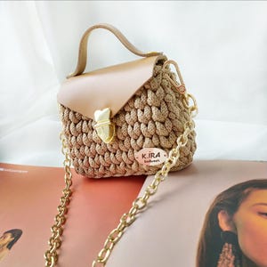 Mini crochet handbag with genuine leather - Cute mini crossbody bag - Brown mini leather purse bag handmade - Unique gifts for christmas