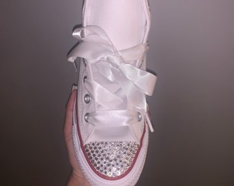 White hi-top Converse. Customised Preciosa Crystals and Satin Laces. Wedding Shoes