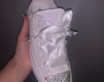 White Canvas Preciosa Crystal Customised Low Top Converse Trainers. Beautiful as Wedding Shoes. Satin Laces