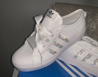 Womens' White Adidas Nizza Lo Trainers, Crystal Customised and Satin Laces