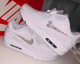 Beautiful White Nike Air Max 90 Trainers Crystal Customised Satin Laces Rhinestones, Diamantes, Festival