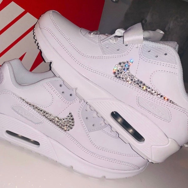 Beautiful White Nike Air Max 90 Trainers Crystal Customised Satin Laces Rhinestones, Diamantes, Festival