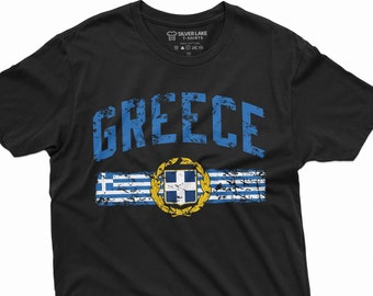 May include: Black t-shirt with a distressed blue and white Greek flag design and the word "GREECE" in a blue distressed font.