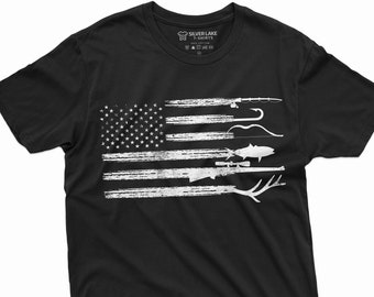 Hunting and Fishing Flag Shirt American Flag Shirt Hunting Tee Fishing Shirt Hunting Lover Gift USA Fishing T-Shirt Hunter And Fisher Gifts