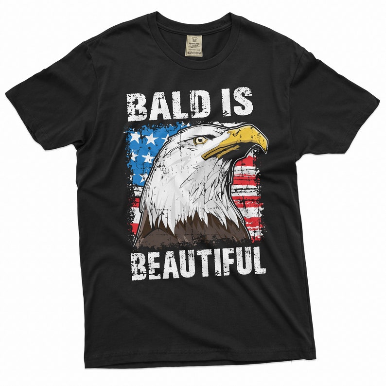 May include: Black t-shirt with a distressed American flag design and the text "Bald is Beautiful".