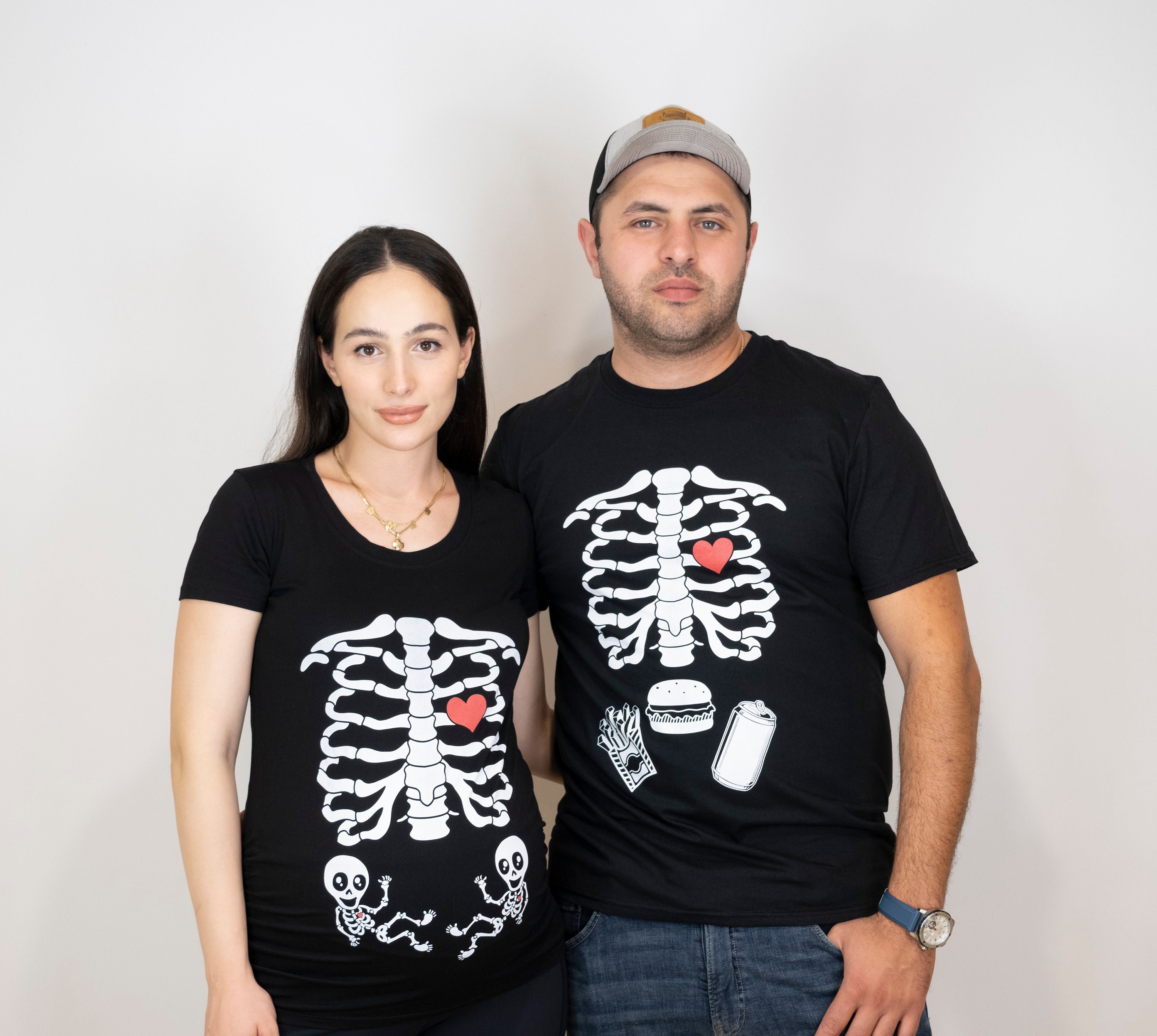 T-shirt Maternité Halloween Squelette - Imprimé Ventre Maman Et Bébé - Matière Stretch Douce - Femme Enceinte