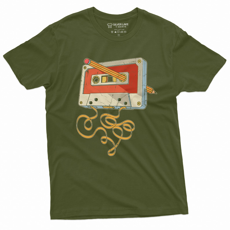 80s 90s Cassette Tape Pencil Shirt 1980s Throwback Music Retro Shirt Music 1990s Shirt Cassette Shirt Cassette Shirt Vintage Gifts Military Green