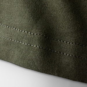 May include: Close-up of the bottom edge of a dark green garment with double stitching.