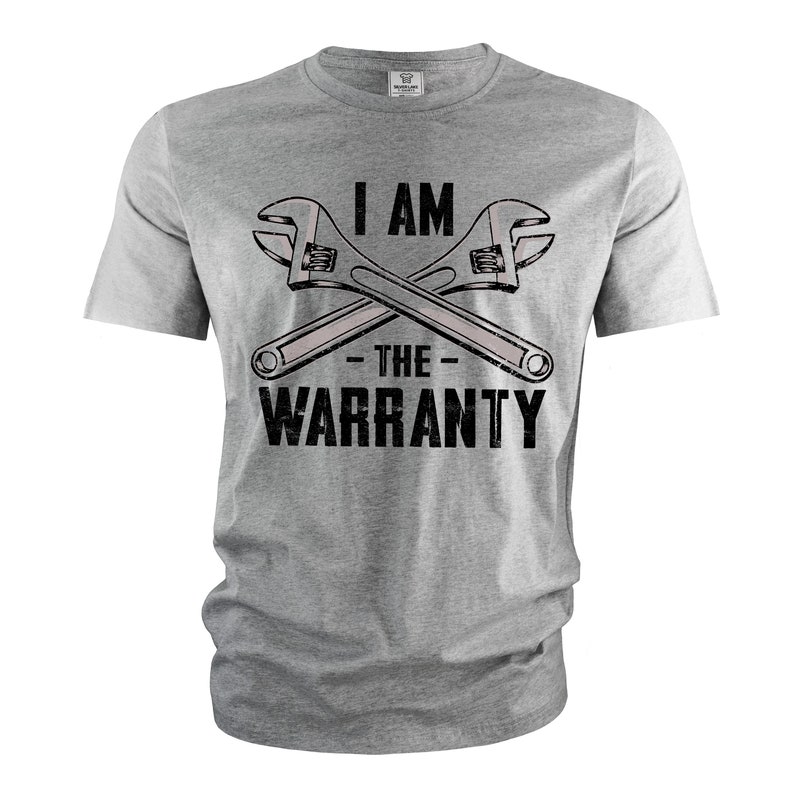 May include: Gray t-shirt with a graphic of two crossed wrenches and the text "I AM - THE - WARRANTY".