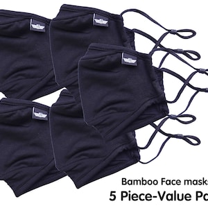 5-Pack Multi Pack Black Bamboo Face Masks Reusable Fabric Cloth Face Mask Adjustable Bamboo Breathable Washable Mask with Filters included