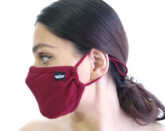 Maroon Reusable Fabric Cloth Face Mask Adjustable Bamboo Breathable Washable Mask with Filter included