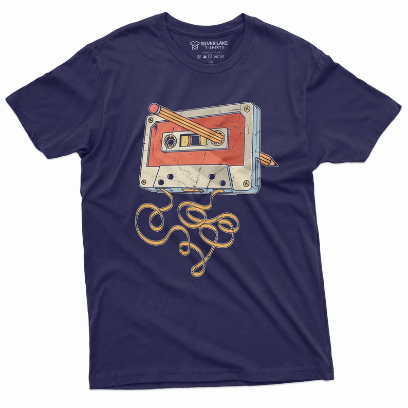 80s 90s Cassette Tape Pencil Shirt 1980s Throwback Music Retro Shirt Music 1990s Shirt Cassette Shirt Cassette Shirt Vintage Gifts Navy Blue