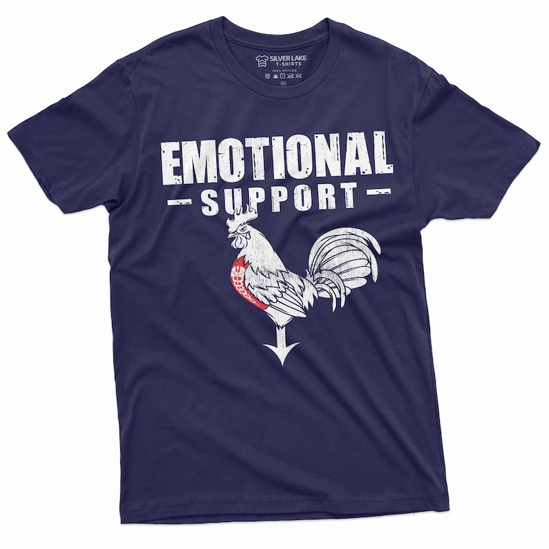 May include: A navy blue t-shirt with a white distressed graphic of a rooster and the text "Emotional Support".