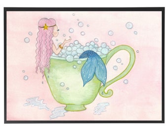 Little Mermaid Art, Bubble Bath Paints, Mermaid Watercolor, Mermaid Wall Art "Mermaid Bubble Bath 2"