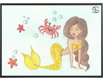 Cancer Zodiac Gifts, Watercolor Zodiac, Zodiac Wall Art, Mermaid Watercolor Painting "Cancer"