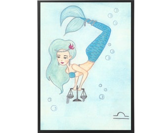 Libra Zodiac, Libra Gifts, Watercolor Zodiac, Zodiac Art, Mermaid Watercolor "Libra"