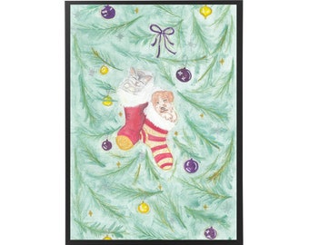 Kids Wall Art, Christmas Art Print, Winter Watercolor, Watercolor Painting "Cozy Christmas Stockings"