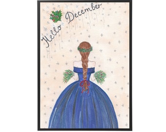 December Gift, Christmas Watercolor, Winter Wall Art, Christmas Prints, Watercolor Painting "Hello December"
