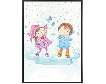 Kids Room Art, Baby Room Wall Art, Winter Watercolor, Watercolor Painting "Winter Kids"