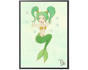 Astrology Gifts, Capricorn Zodiac, Zodiac Watercolor, Mermaid Wall Art, Watercolor Painting "Capricorn"