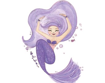 Watercolor Mermaid, Mermaid Wall Art, Mermaid Painting, Watercolor Painting, Mermaid Poster "Purple"