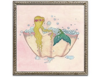 Bubble Bath Art Prints, Mermaid Art, Handmade Painting, Watercolor Wallpaper "Mermaid Bubble Bath"